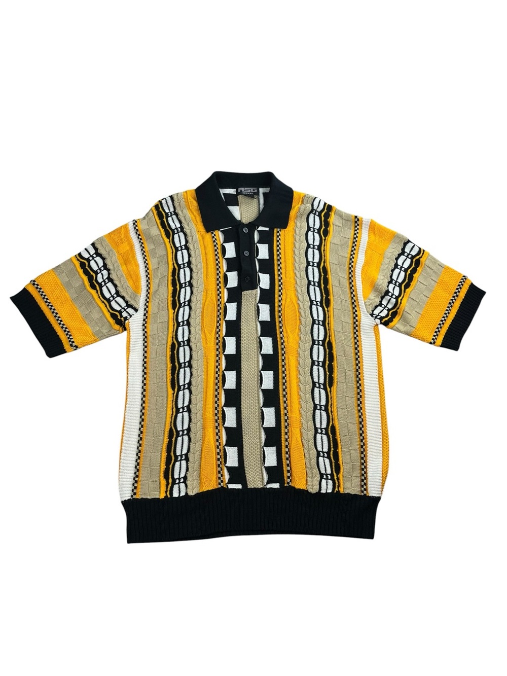 Vintage 1990s ASG 3D Coogi Style Polo Sweater Knit Polo Shirt XL Yellow Black